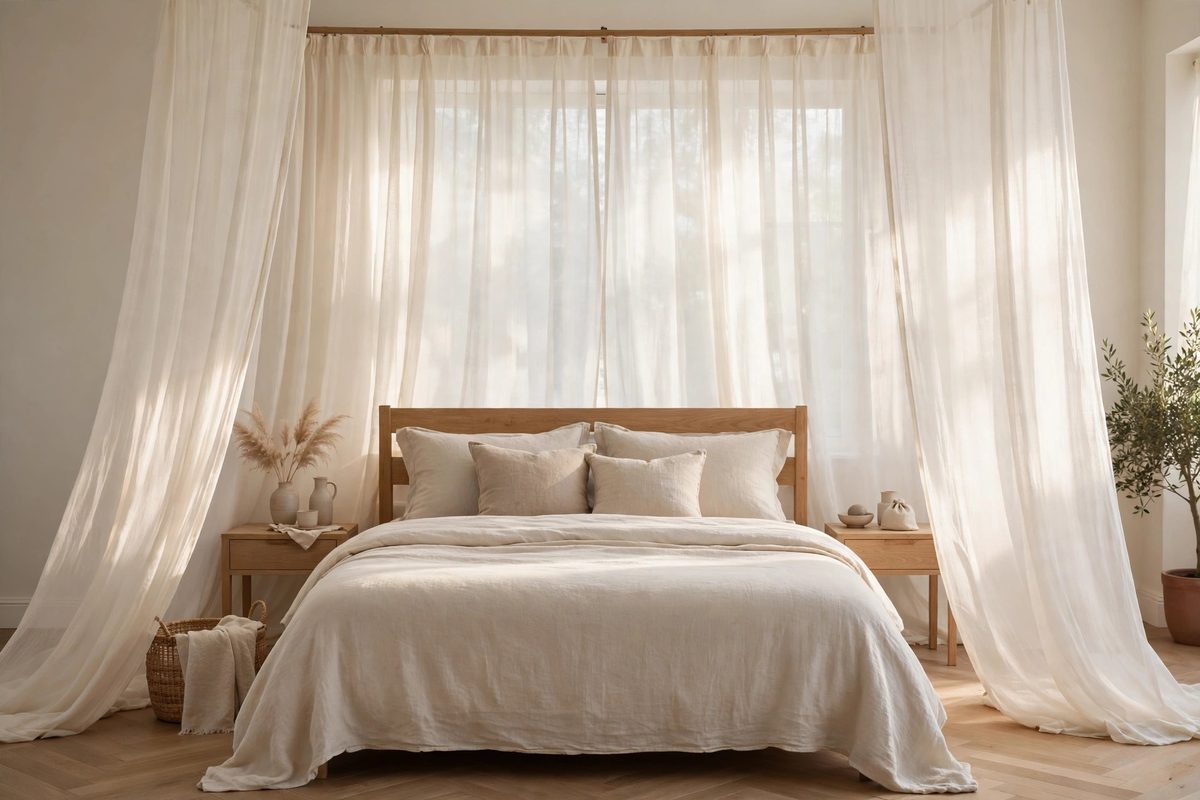 Sheer drapery panels diffusing morning light in a calm bedroom