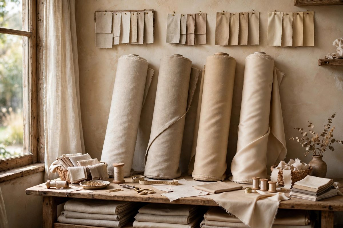 Bolts and swatches of drapery fabric in natural linen tones at a design studio