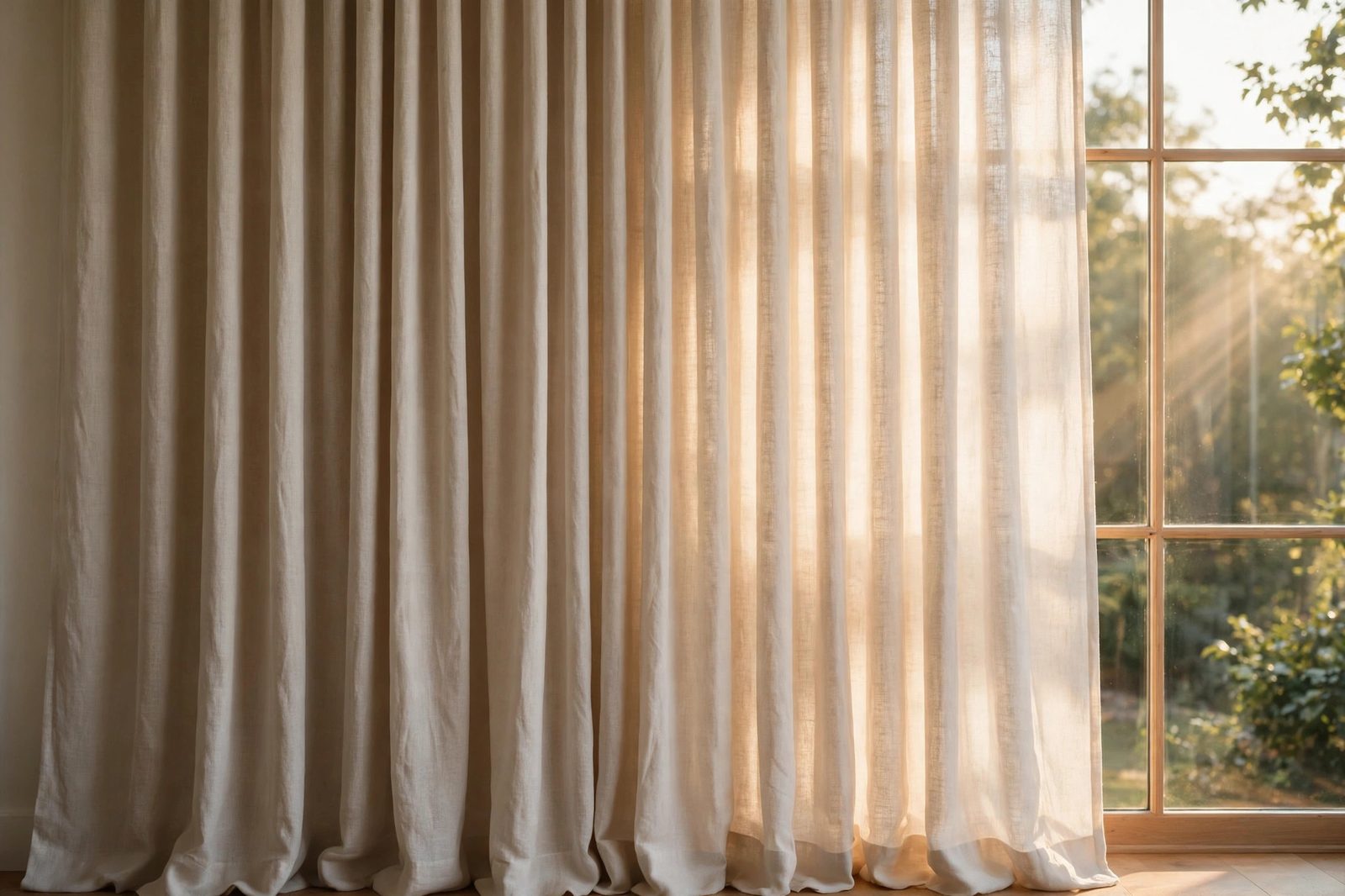 Tall linen draperies in soft folds beside a sunlit window