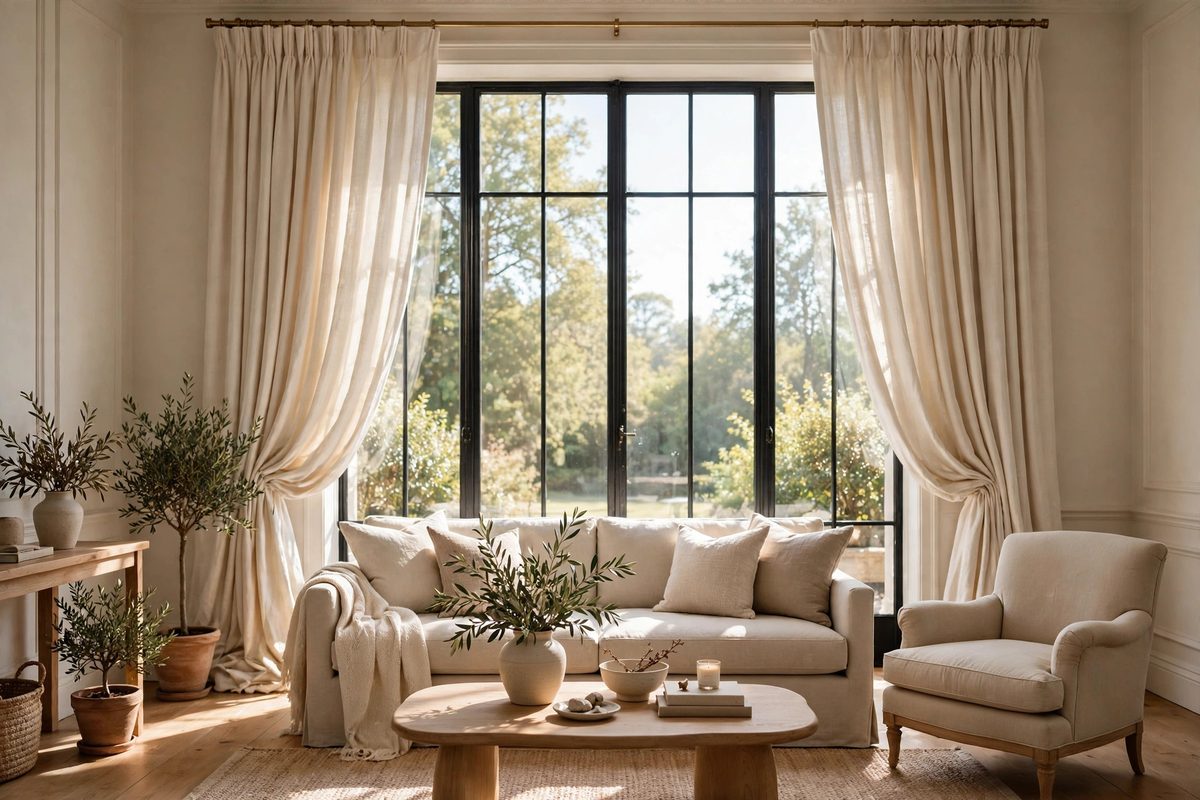 Living room with floor-to-ceiling linen draperies designed around a sunlit window