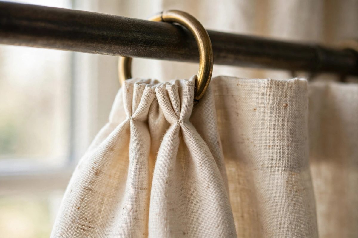 Close-up of a tailored pinch-pleat drapery header on a brass ring